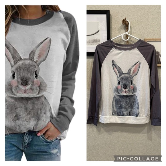Tops - New! Women’s Bunny Rabbit Print Long Sleeve T-Shirt Casual Tee Size Small
